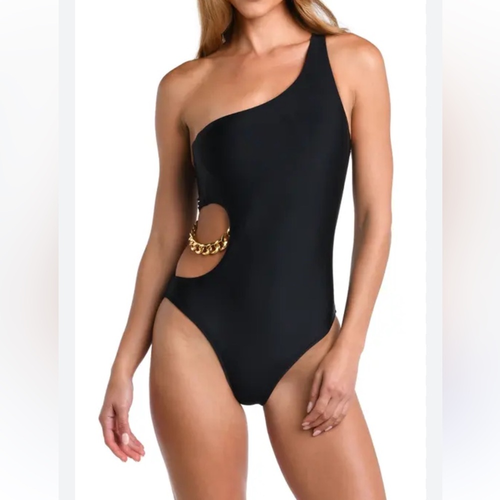 New L’AGENCE Ava Cut Out Chain One Shoulder Swimsuit